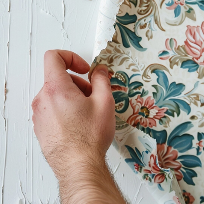 Professioneller Tapezierer beim Anbringen einer Designertapete an einer Wohnzimmerwand in der Schweiz